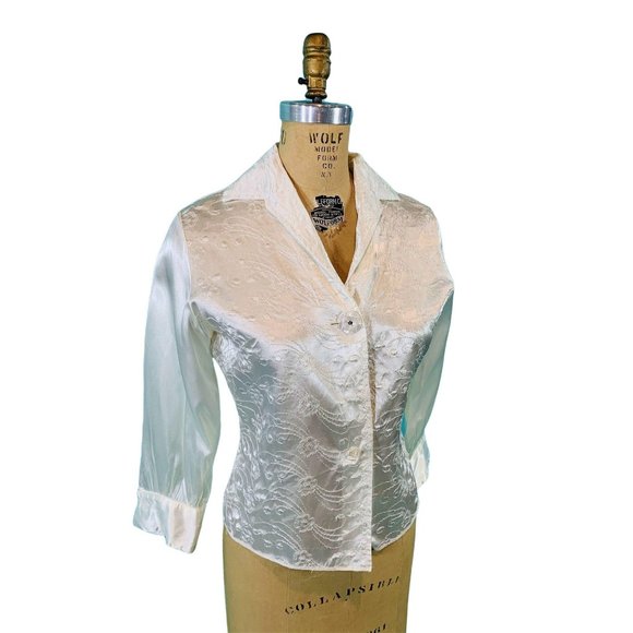 Vintage 1950s Satin Blouse White Embroidered Rhinestone Button Evening Top - Picture 5 of 10